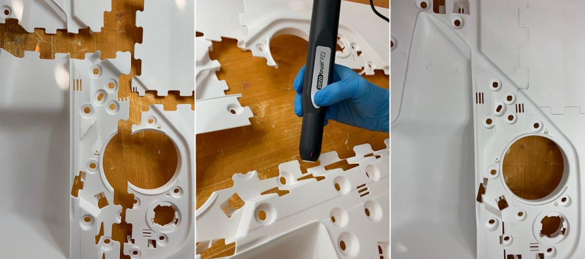 From left to right: Components of the inner door lining as individual parts, during plasma activation and after bonding