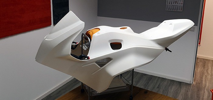 Plasma technology in 3D printing: Motorcycle fairing printed in twelve individual parts, treated with plasma and glued together