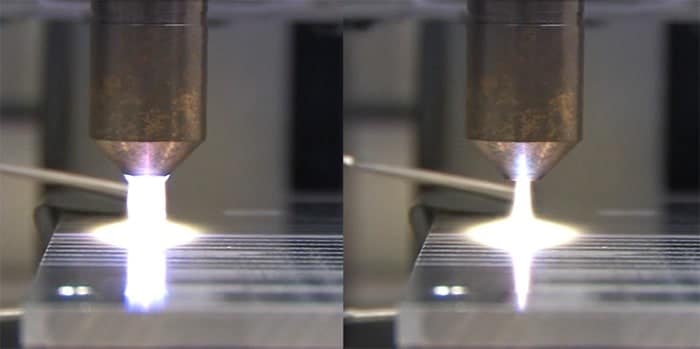 Comparison of a generated plasma flame in diffuse operating mode (left) and an arc transmission to an earthed metal surface. 