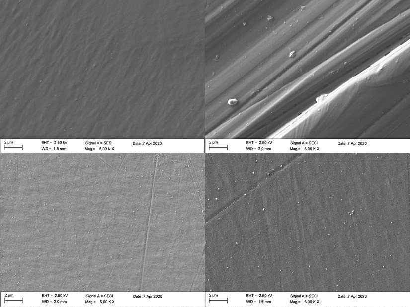Abb. 5: Rasterelektronenmikroskopische Aufnahmen (5000-fache Vergrößerung) der unbehandelten PEEK-Folie (links oben), nach dem Anschleifen (rechts oben) und nach den Plasmabehandlungen in der Niederdruckkammer (links unten) und mit dem piezobrush® PZ3 (rechts unten)