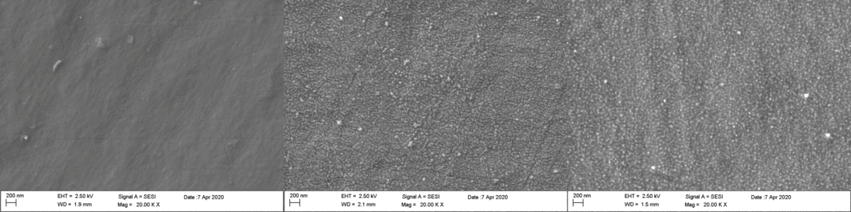 Abb. 6: Rasterelektronenmikroskopische Aufnahmen (20000-fache Vergrößerung) der unbehandelten PEEK-Folie (links), nach der Niederdruckplasmabehandlung (mitte) und nach der Behandlung mit dem piezobrush® PZ3 (rechts)