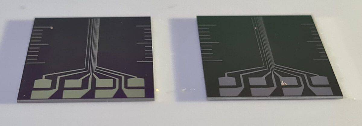 Plasmabehandlung von Elektroden: Gold- und Kupferelektrodensystem zur Kontaktwiderstandsmessung auf Siliziumsubstrat.