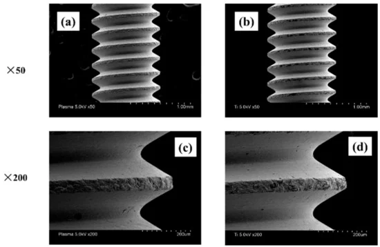 SEM image of plasma treated and untreated titanium screws