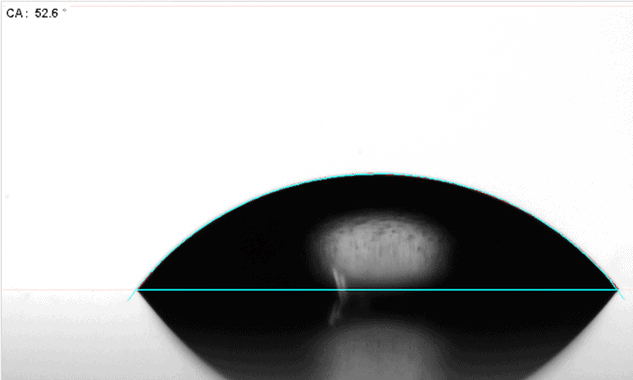 Contact angle measurement of a water droplet after plasma treatment